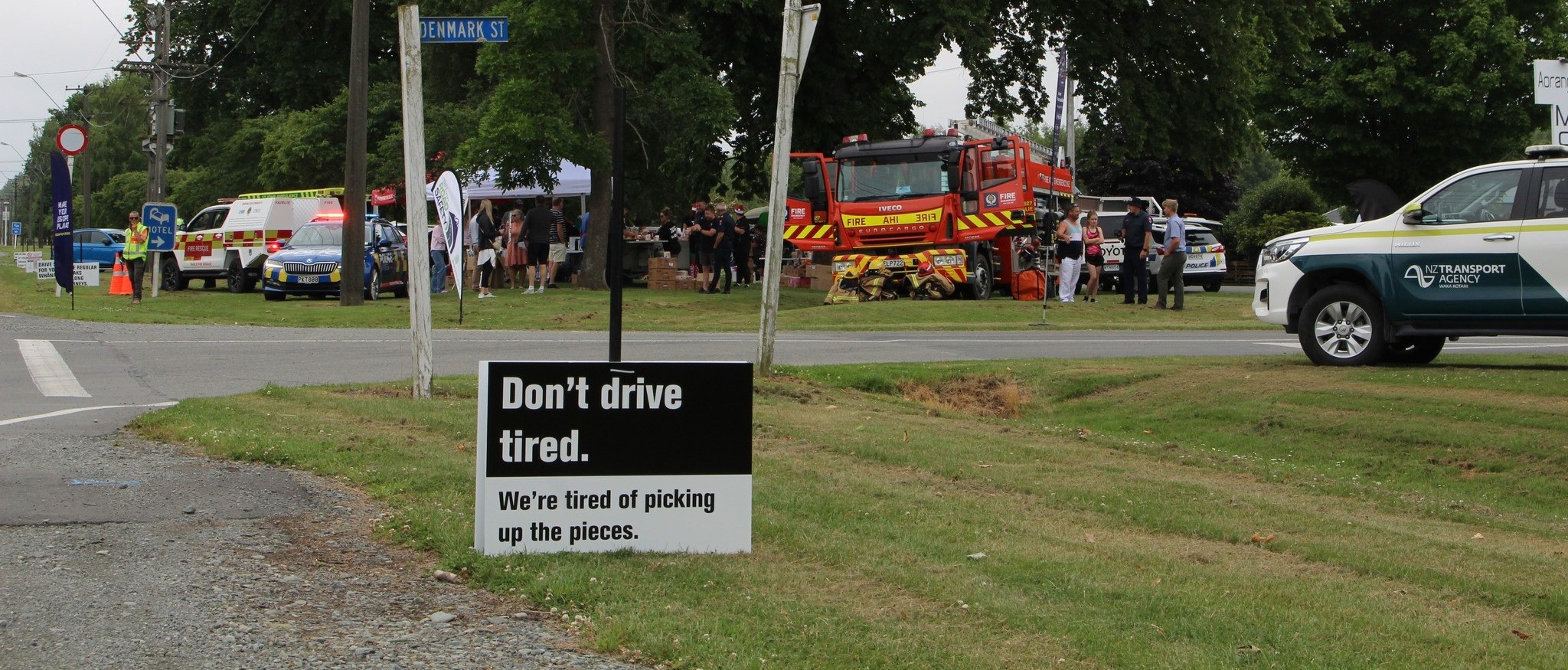 Fatigue Stop in Fairlie with emergency services vehicles